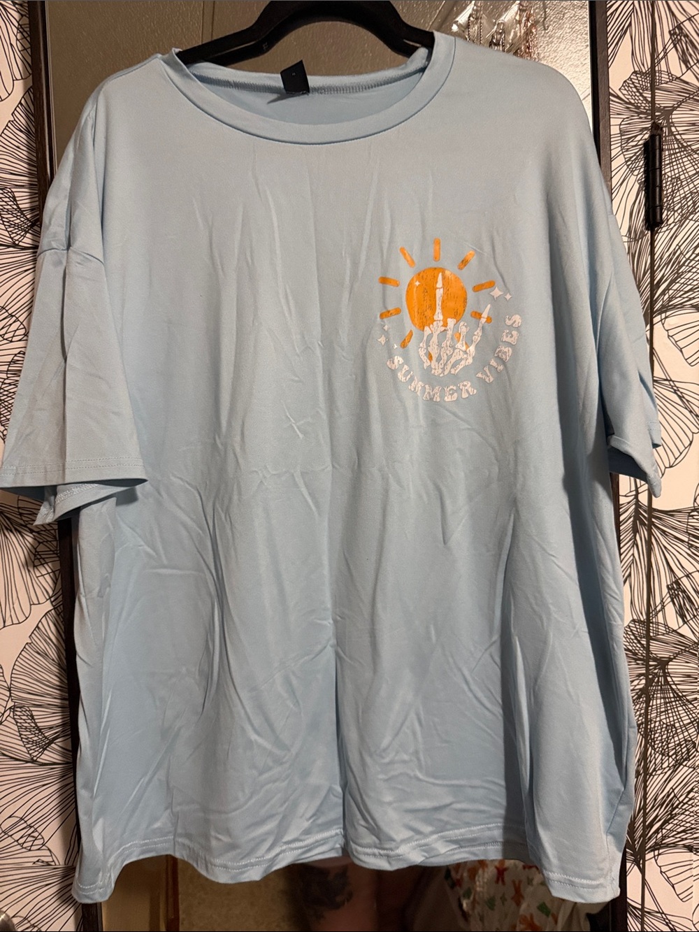 SHEIN Light Blue Short Sleeve Tee with Orange Sun Graphic